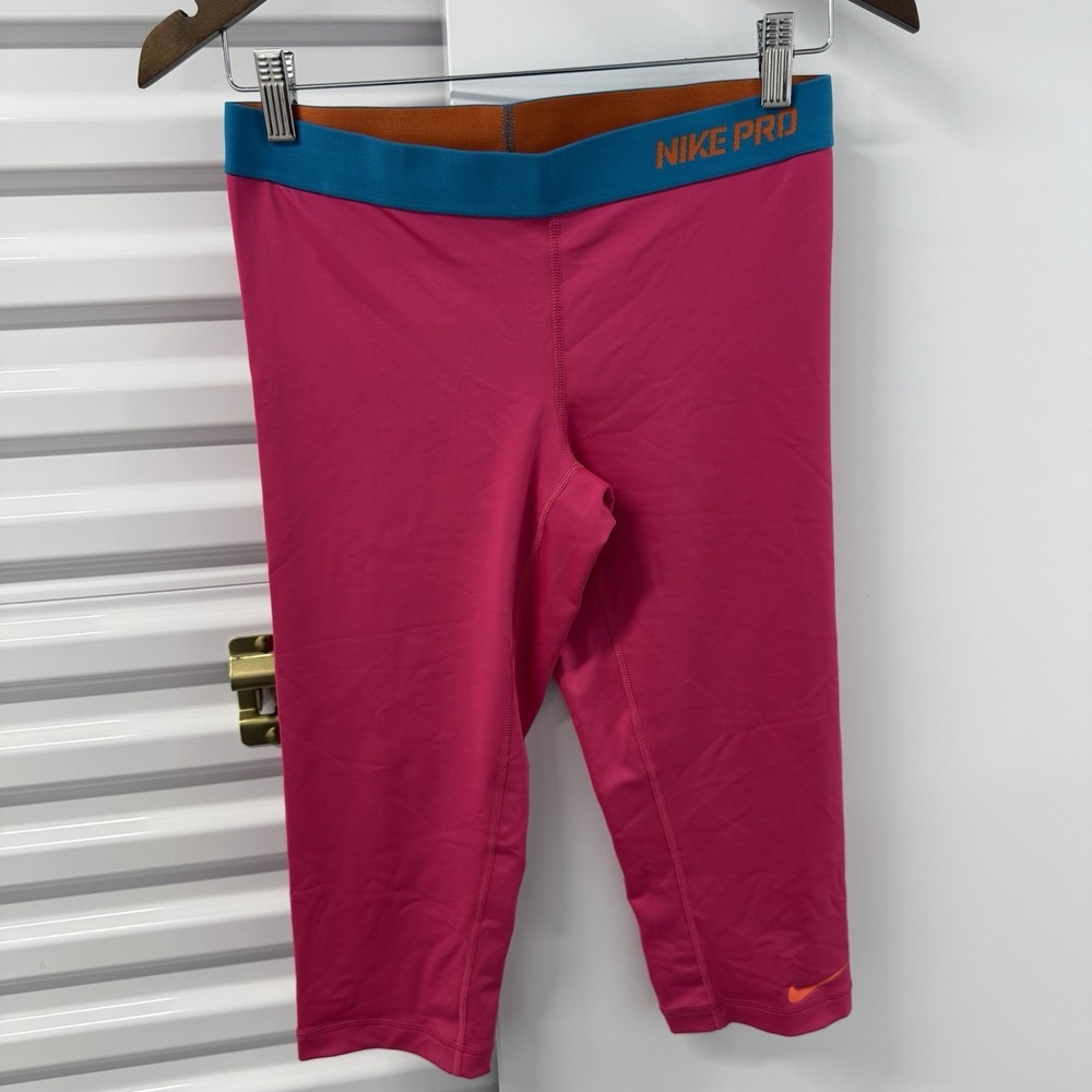 Nike Pro Dri-Fit Capri Leggings Womens Medium Pink Blue Compression Workout